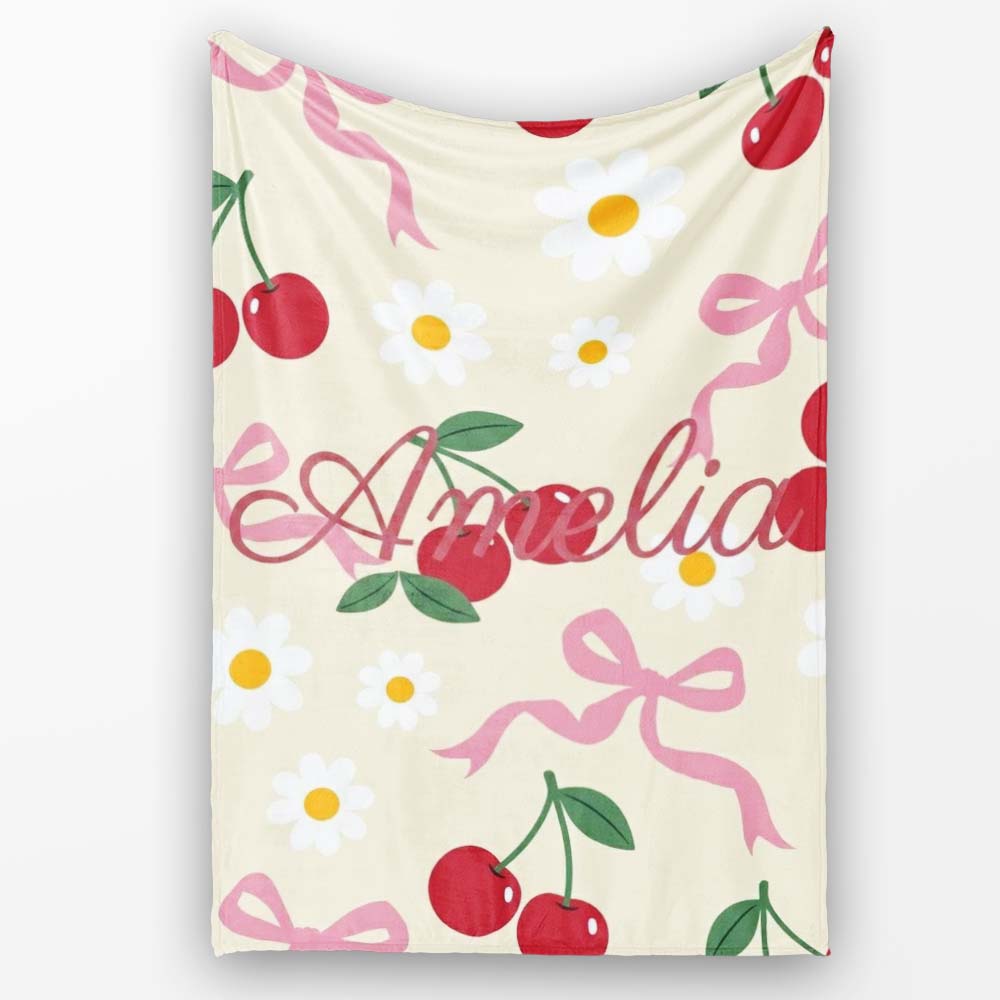 Cute Cherry Bow and Daisy Seamless Pattern on Cream Cute Unique Gift  Personalised Custom Name Super Soft Fleece Blanket Bed Sofa Throw