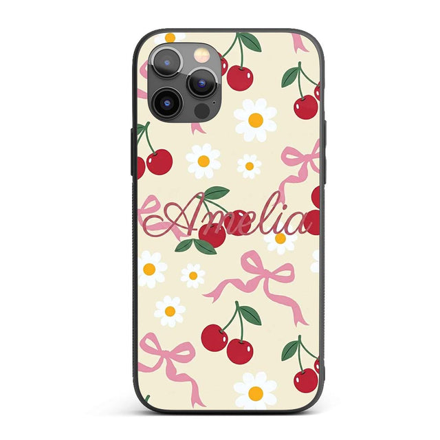 Cute Cherry Bow and Daisy Seamless Pattern on Custom Name Protective Phone Case Mobile Cover Durable Everyday Smartphone Shock Resistant