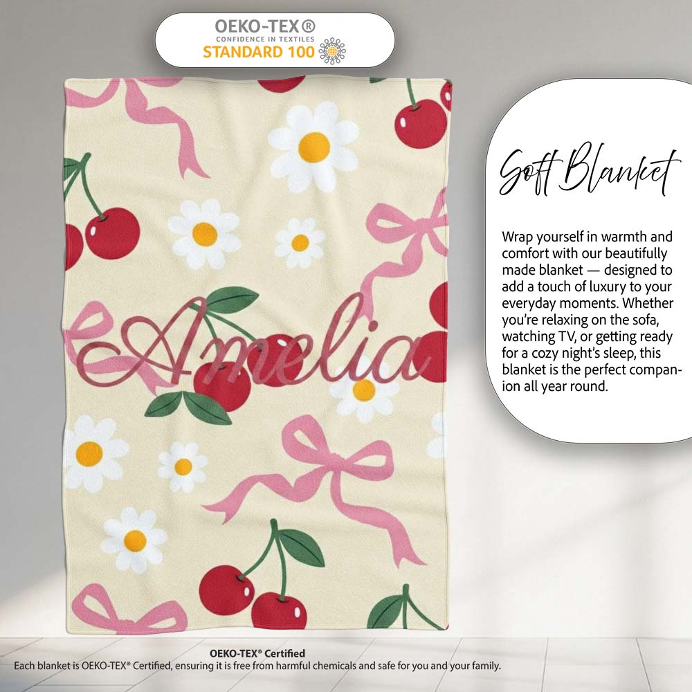 Cute Cherry Bow and Daisy Seamless Pattern on Cream Cute Unique Gift  Personalised Custom Name Super Soft Fleece Blanket Bed Sofa Throw