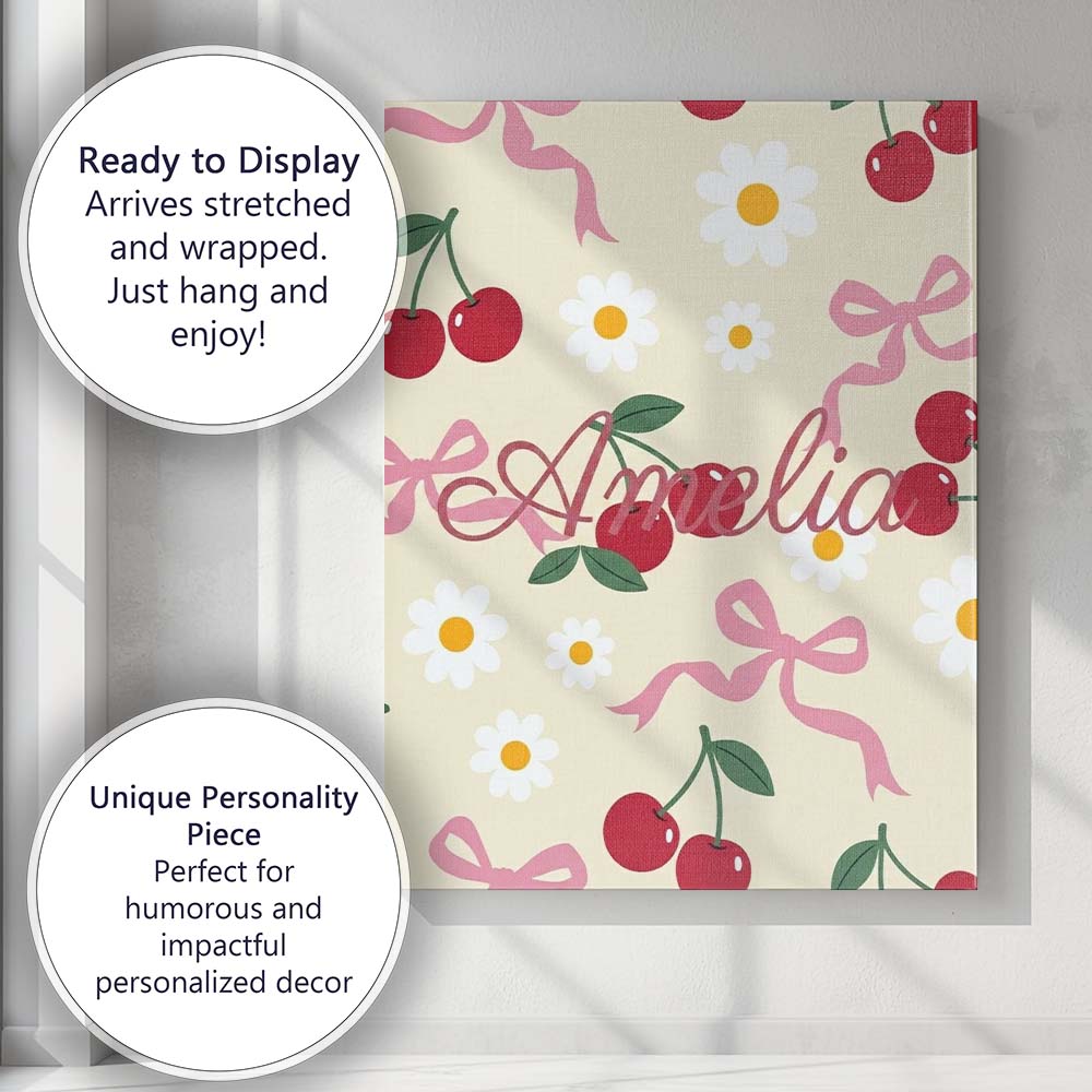Personalised Name Cute Cherry Bow and Daisy Custom  Bespoke Interior Contemporary Canvas Wall Art Print Decor Picture Ready to Hang