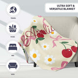 Cute Cherry Bow and Daisy Seamless Pattern on Cream Cute Unique Gift  Personalised Custom Name Super Soft Fleece Blanket Bed Sofa Throw