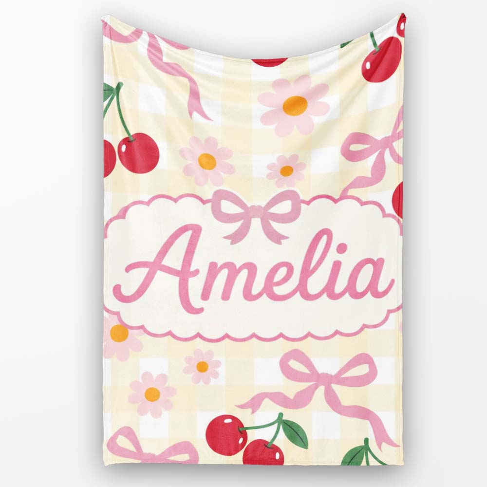 Cute Cherry Bow and Daisy Yellow Gingham Seamless Pattern Lovely  Personalised Custom Name Super Soft Fleece Blanket Bed Sofa Throw