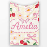 Cute Cherry Bow and Daisy Yellow Gingham Seamless Pattern Lovely  Personalised Custom Name Super Soft Fleece Blanket Bed Sofa Throw