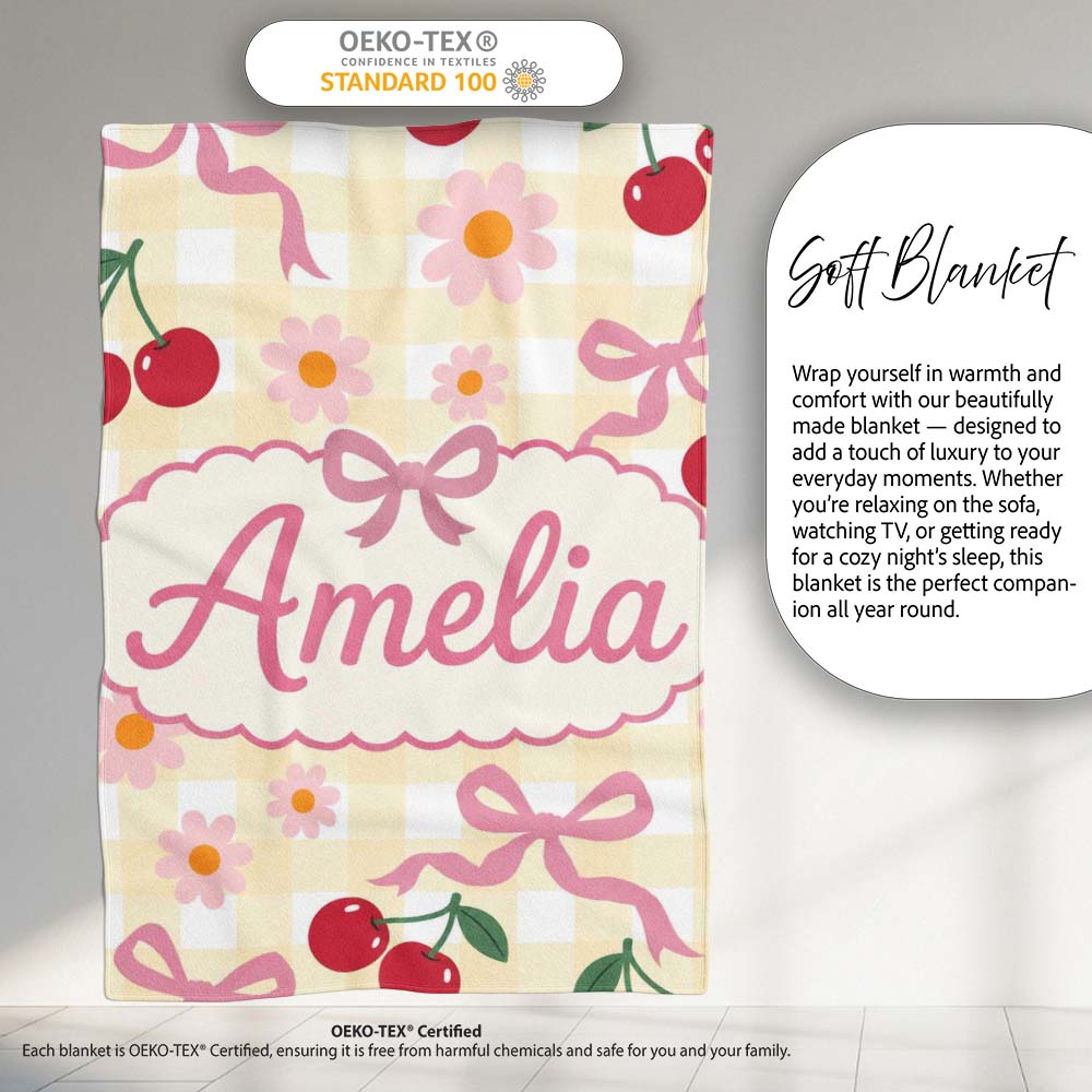 Cute Cherry Bow and Daisy Yellow Gingham Seamless Pattern Lovely  Personalised Custom Name Super Soft Fleece Blanket Bed Sofa Throw