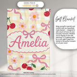 Cute Cherry Bow and Daisy Yellow Gingham Seamless Pattern Lovely  Personalised Custom Name Super Soft Fleece Blanket Bed Sofa Throw
