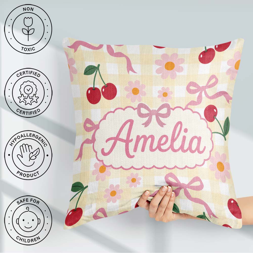 Custom Name Cherry Bow and Daisy Yellow Gingham Seamless Pattern Square Filled Cushion Throw Pillow Sofa Bed Home Decor Zip Washable UK Made