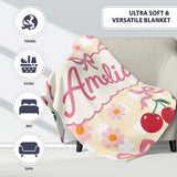 Cute Cherry Bow and Daisy Yellow Gingham Seamless Pattern Lovely  Personalised Custom Name Super Soft Fleece Blanket Bed Sofa Throw