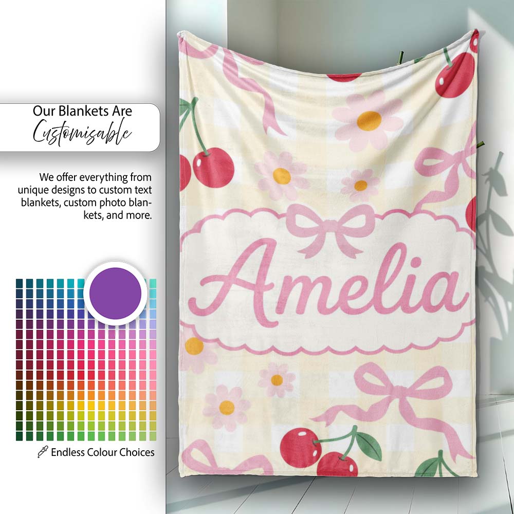 Cute Cherry Bow and Daisy Yellow Gingham Seamless Pattern Lovely  Personalised Custom Name Super Soft Fleece Blanket Bed Sofa Throw