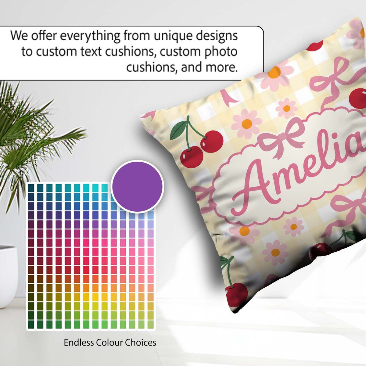 Custom Name Cherry Bow and Daisy Yellow Gingham Seamless Pattern Square Filled Cushion Throw Pillow Sofa Bed Home Decor Zip Washable UK Made