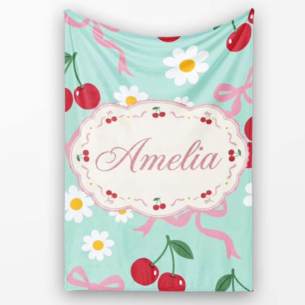 Cute Cherry Bow and Daisy Seamless Pattern on Teal Cute Unique Gift  Personalised Custom Name Super Soft Fleece Blanket Bed Sofa Throw
