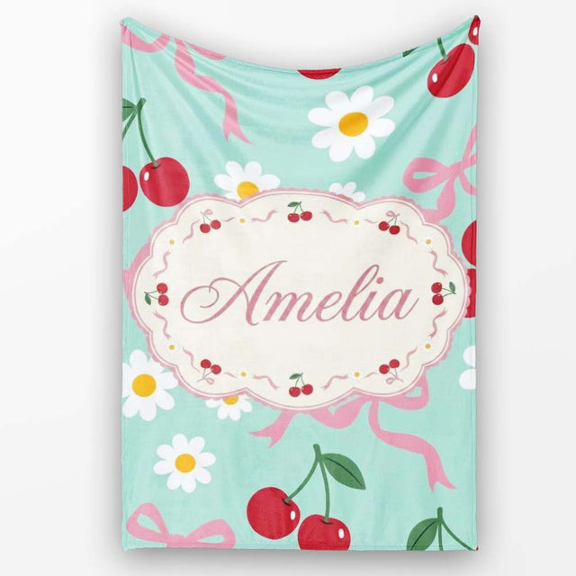 Cute Cherry Bow and Daisy Seamless Pattern on Teal Cute Unique Gift  Personalised Custom Name Super Soft Fleece Blanket Bed Sofa Throw
