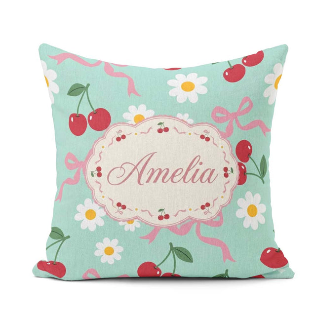 Custom Name Cute Cherry Bow and Daisy Seamless Pattern on Teal Square Filled Cushion Throw Pillow Sofa Bed Home Decor Zip Washable UK Made