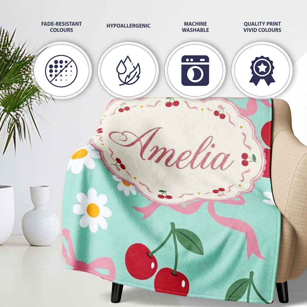 Cute Cherry Bow and Daisy Seamless Pattern on Teal Cute Unique Gift  Personalised Custom Name Super Soft Fleece Blanket Bed Sofa Throw