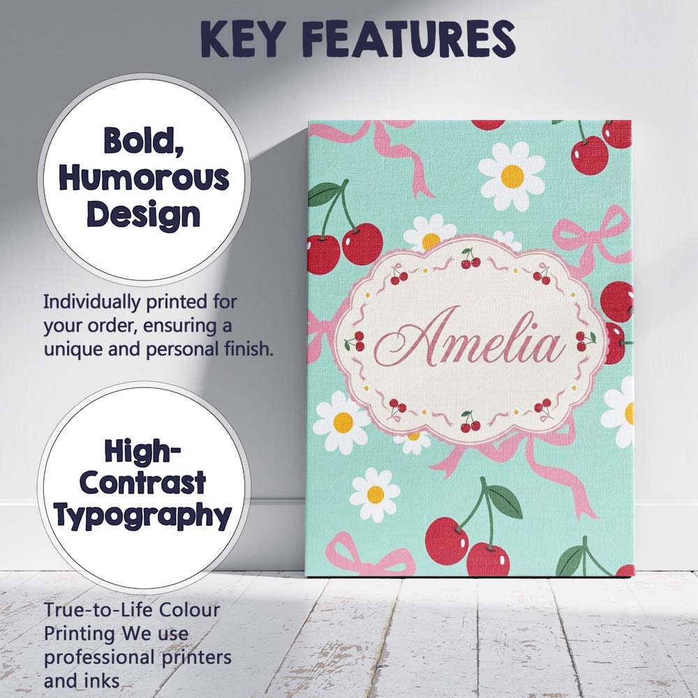 Personalised Name Cute Cherry Bow and Daisy Custom  Bespoke Interior Contemporary Canvas Wall Art Print Decor Picture Ready to Hang