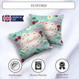 Custom Name Cute Cherry Bow and Daisy Seamless Pattern on Teal Square Filled Cushion Throw Pillow Sofa Bed Home Decor Zip Washable UK Made