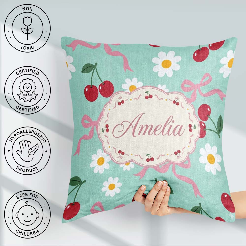 Custom Name Cute Cherry Bow and Daisy Seamless Pattern on Teal Square Filled Cushion Throw Pillow Sofa Bed Home Decor Zip Washable UK Made