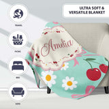 Cute Cherry Bow and Daisy Seamless Pattern on Teal Cute Unique Gift  Personalised Custom Name Super Soft Fleece Blanket Bed Sofa Throw