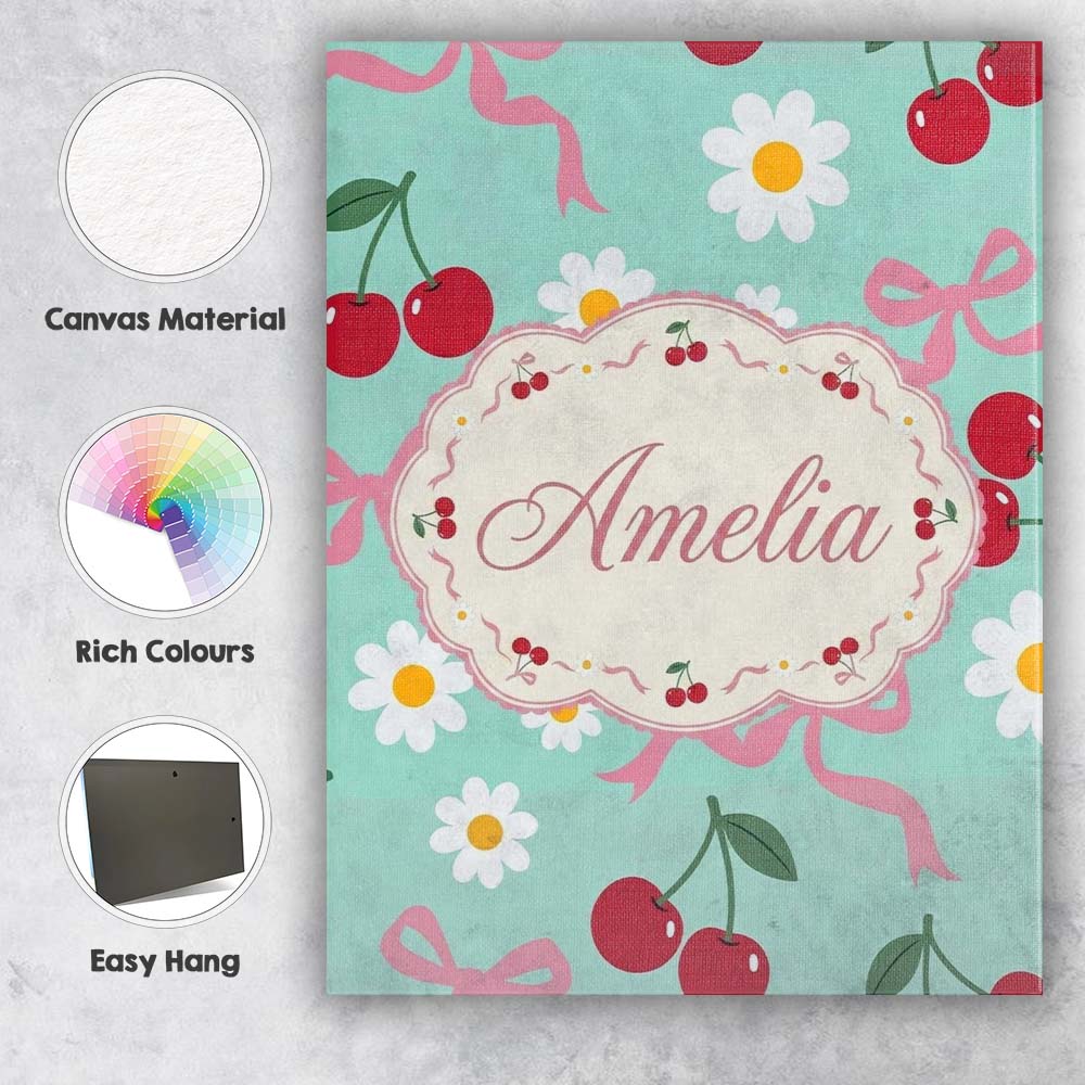 Personalised Name Cute Cherry Bow and Daisy Custom  Bespoke Interior Contemporary Canvas Wall Art Print Decor Picture Ready to Hang