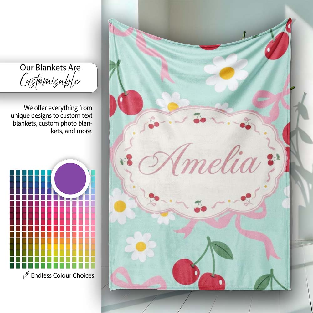 Cute Cherry Bow and Daisy Seamless Pattern on Teal Cute Unique Gift  Personalised Custom Name Super Soft Fleece Blanket Bed Sofa Throw