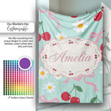 Cute Cherry Bow and Daisy Seamless Pattern on Teal Cute Unique Gift  Personalised Custom Name Super Soft Fleece Blanket Bed Sofa Throw