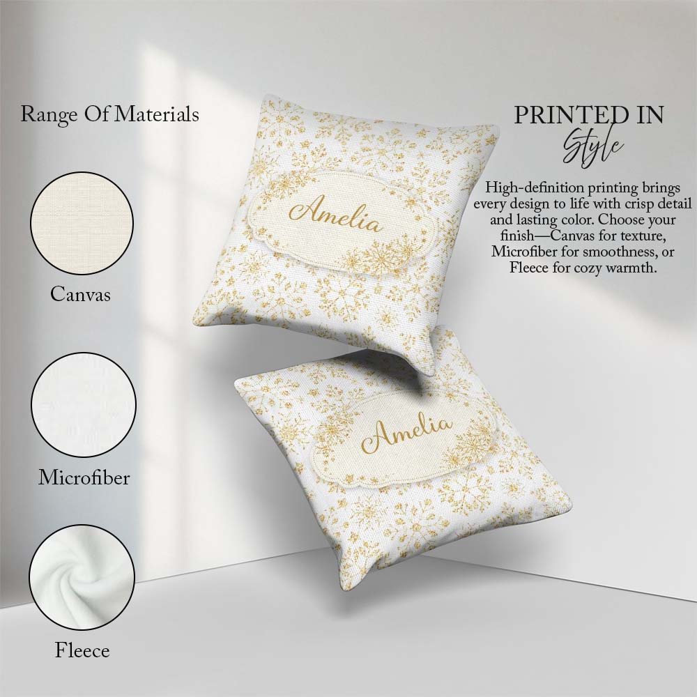 Custom Name Gold Snowflake Pattern White Background Seamless Square Filled Cushion Throw Pillow Sofa Bed Home Decor Zip Washable UK Made