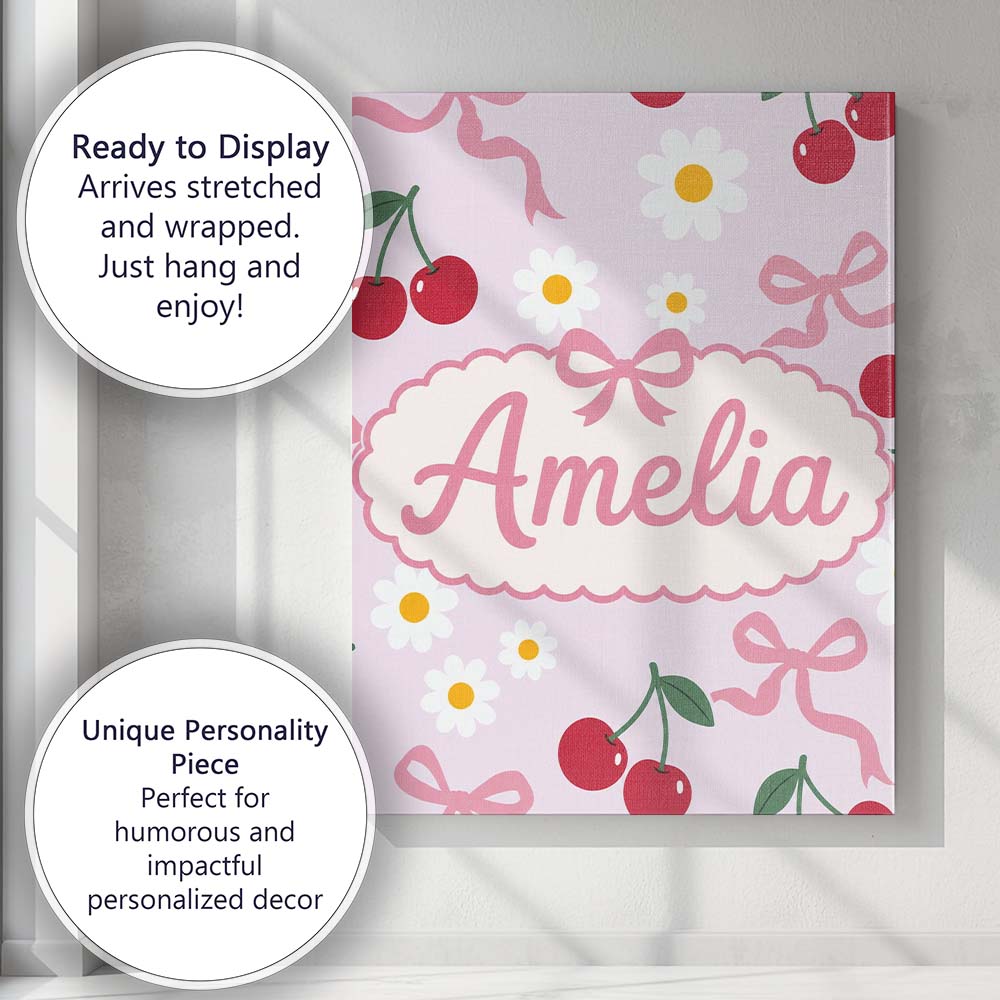 Personalised Name Cute Cherry Bow and Daisy Custom  Bespoke Interior Contemporary Canvas Wall Art Print Decor Picture Ready to Hang