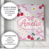 Personalised Name Cute Cherry Bow and Daisy Custom  Bespoke Interior Contemporary Canvas Wall Art Print Decor Picture Ready to Hang