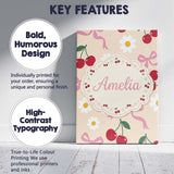 Personalised Name Cute Cherry Bow and Daisy Custom  Bespoke Interior Contemporary Canvas Wall Art Print Decor Picture Ready to Hang