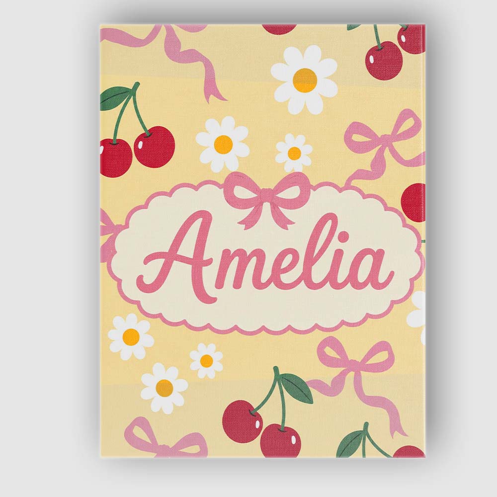 Personalised Name Cute Cherry Bow and Daisy Custom  Bespoke Interior Contemporary Canvas Wall Art Print Decor Picture Ready to Hang