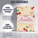 Personalised Name Cute Cherry Bow and Daisy Custom  Bespoke Interior Contemporary Canvas Wall Art Print Decor Picture Ready to Hang