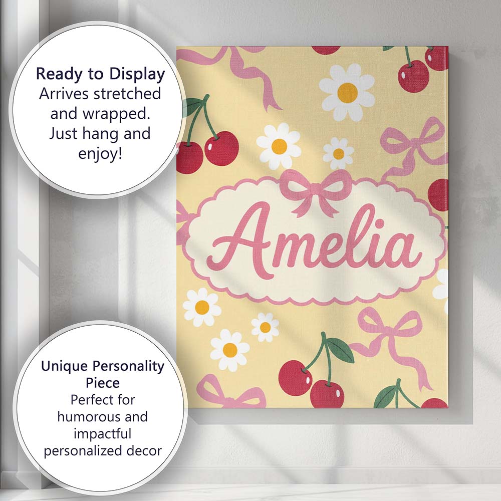 Personalised Name Cute Cherry Bow and Daisy Custom  Bespoke Interior Contemporary Canvas Wall Art Print Decor Picture Ready to Hang