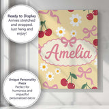 Personalised Name Cute Cherry Bow and Daisy Custom  Bespoke Interior Contemporary Canvas Wall Art Print Decor Picture Ready to Hang