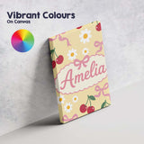 Personalised Name Cute Cherry Bow and Daisy Custom  Bespoke Interior Contemporary Canvas Wall Art Print Decor Picture Ready to Hang