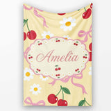 Cute Cherry Bow and Daisy Yellow Check Seamless Pattern Lovely  Personalised Custom Name Super Soft Fleece Blanket Bed Sofa Throw