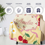 Cute Cherry Bow and Daisy Yellow Check Seamless Pattern Lovely  Personalised Custom Name Super Soft Fleece Blanket Bed Sofa Throw