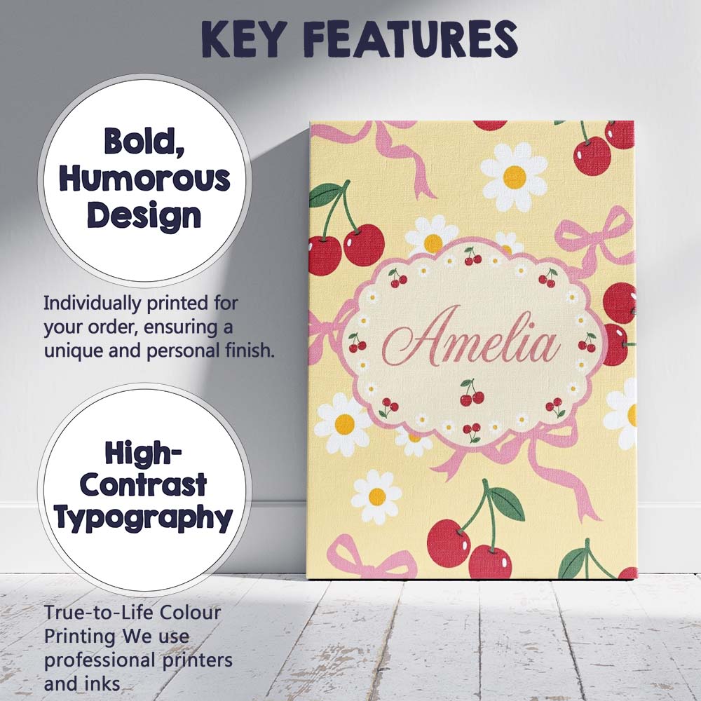 Personalised Name Cute Cherry Bow and Daisy Custom  Bespoke Interior Contemporary Canvas Wall Art Print Decor Picture Ready to Hang