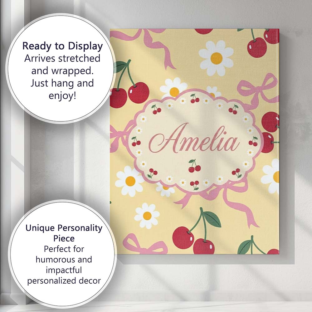 Personalised Name Cute Cherry Bow and Daisy Custom  Bespoke Interior Contemporary Canvas Wall Art Print Decor Picture Ready to Hang