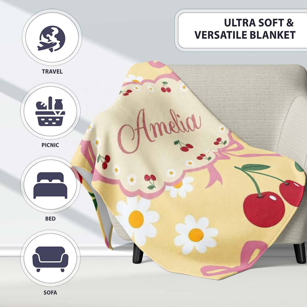 Cute Cherry Bow and Daisy Yellow Check Seamless Pattern Lovely  Personalised Custom Name Super Soft Fleece Blanket Bed Sofa Throw