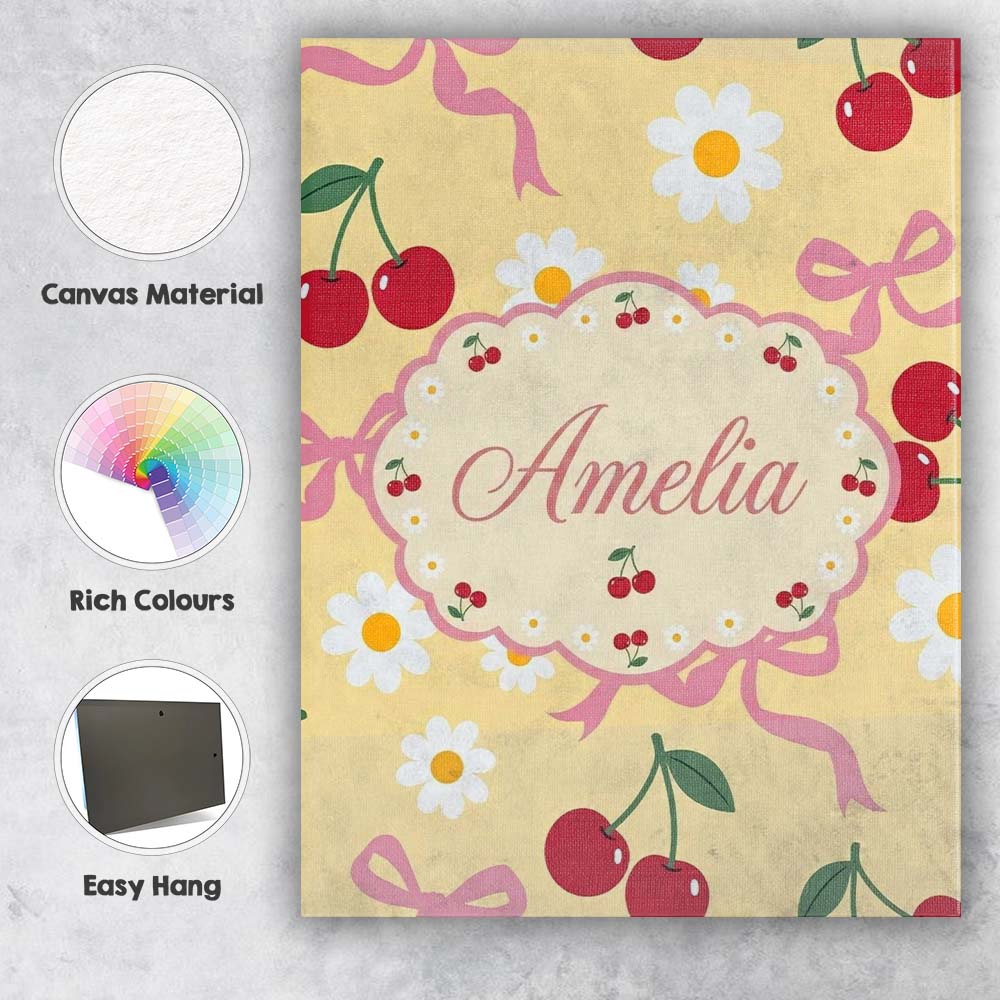 Personalised Name Cute Cherry Bow and Daisy Custom  Bespoke Interior Contemporary Canvas Wall Art Print Decor Picture Ready to Hang