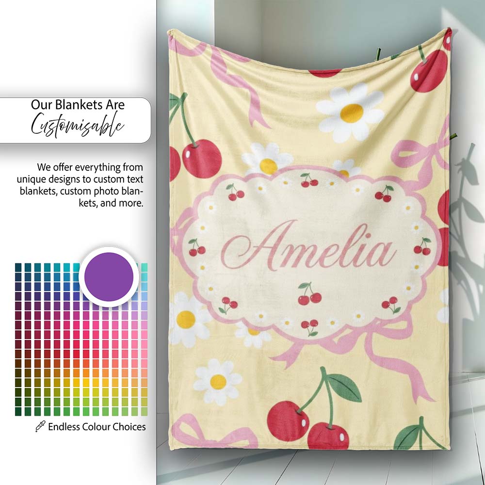 Cute Cherry Bow and Daisy Yellow Check Seamless Pattern Lovely  Personalised Custom Name Super Soft Fleece Blanket Bed Sofa Throw