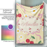 Cute Cherry Bow and Daisy Yellow Check Seamless Pattern Lovely  Personalised Custom Name Super Soft Fleece Blanket Bed Sofa Throw