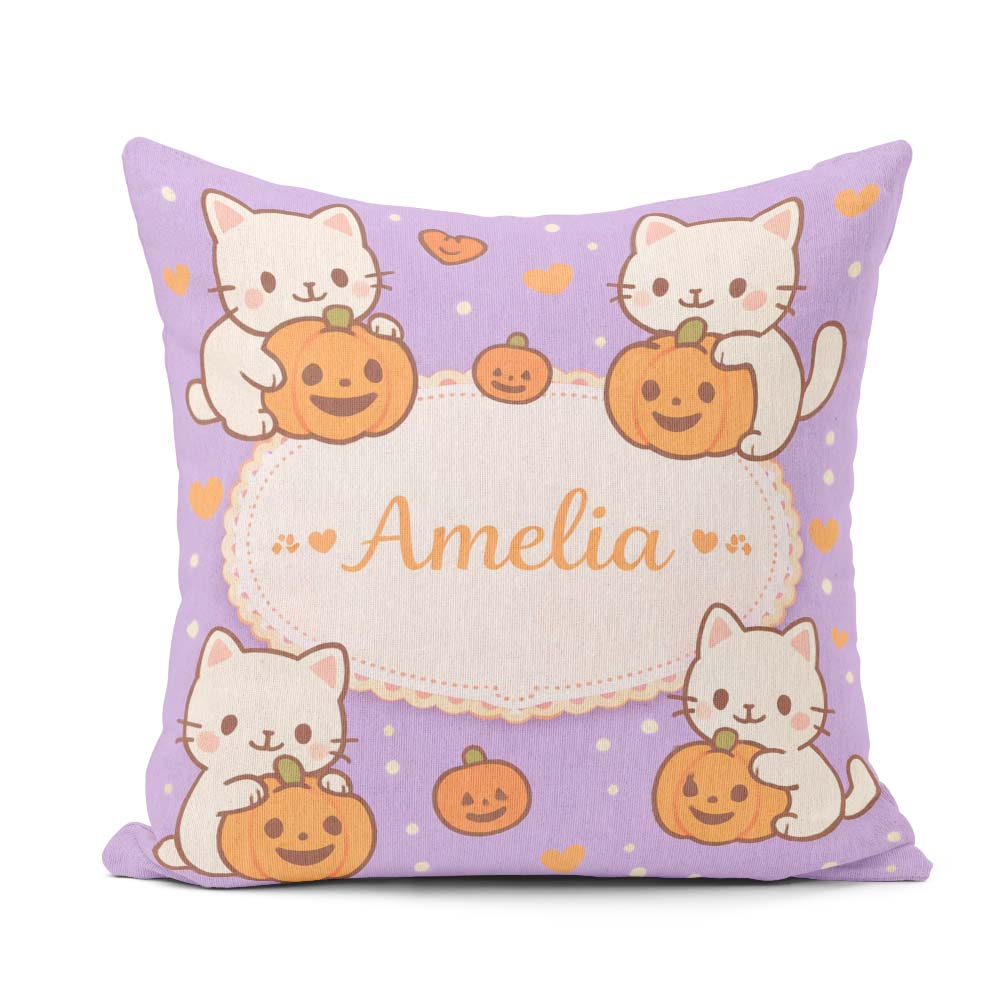 Custom Name Cute Halloween Cat Pumpkin Cartoon Animal Pattern Square Filled Cushion Throw Pillow Sofa Bed Home Decor Zip Washable UK Made