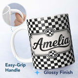 Personalized Custom Name Classic Black White Checkerboard Seamless Pattern Cute Unique Gift 11oz Ceramic Coffee Tea Mug White Large Handle