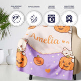 Cute Halloween Cat Pumpkin Cartoon Animal Pattern Cute Unique Gift  Personalised Custom Name Super Soft Fleece Blanket Bed Sofa Throw