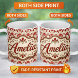 Personalized Custom Name Vintage Red Tulip Floral Symmetrical Pattern Seamless Pattern Lovely 11oz Ceramic Coffee Tea Mug White Large Handle