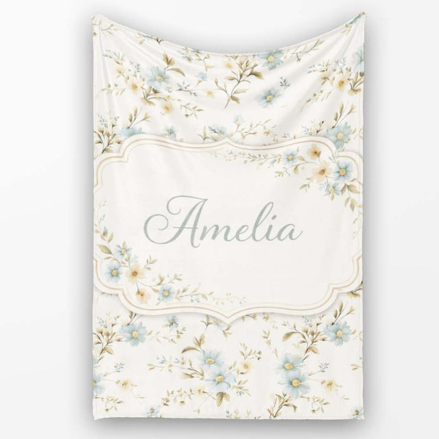 Blue Floral Vintage Blossom Pattern Cream Background Seamless Lovely  Personalised Custom Name Super Soft Fleece Blanket Bed Sofa Throw