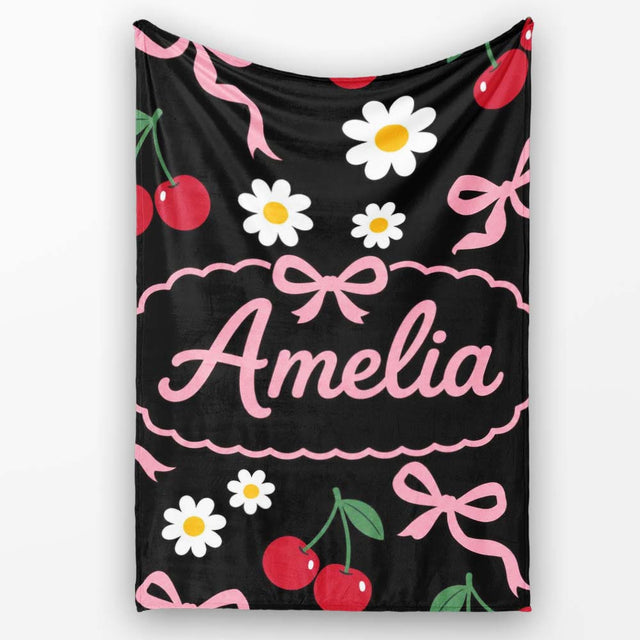 Cute Cherry Bow and Daisy Seamless Pattern on White Grey Lovely  Personalised Custom Name Super Soft Fleece Blanket Bed Sofa Throw