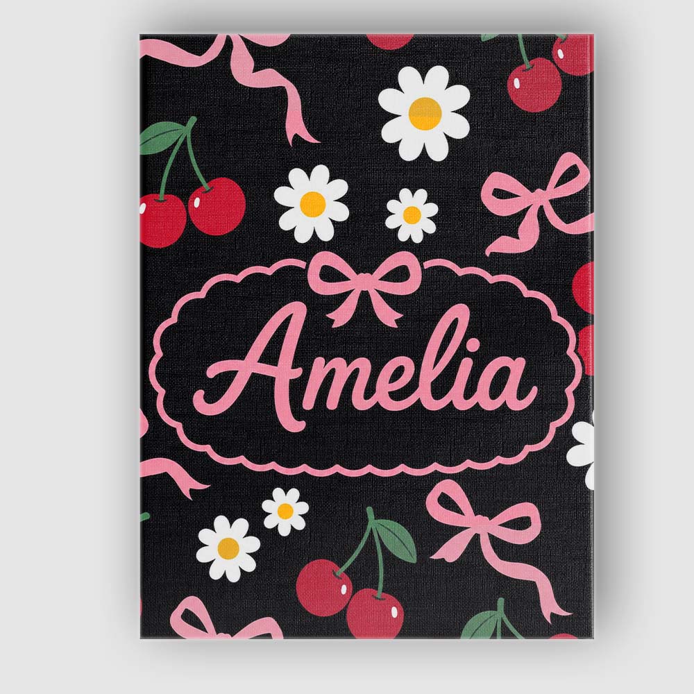 Personalised Name Cute Cherry Bow and Daisy Custom  Bespoke Interior Contemporary Canvas Wall Art Print Decor Picture Ready to Hang
