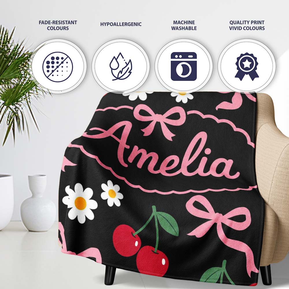 Cute Cherry Bow and Daisy Seamless Pattern on White Grey Lovely  Personalised Custom Name Super Soft Fleece Blanket Bed Sofa Throw