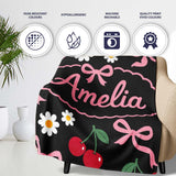 Cute Cherry Bow and Daisy Seamless Pattern on White Grey Lovely  Personalised Custom Name Super Soft Fleece Blanket Bed Sofa Throw